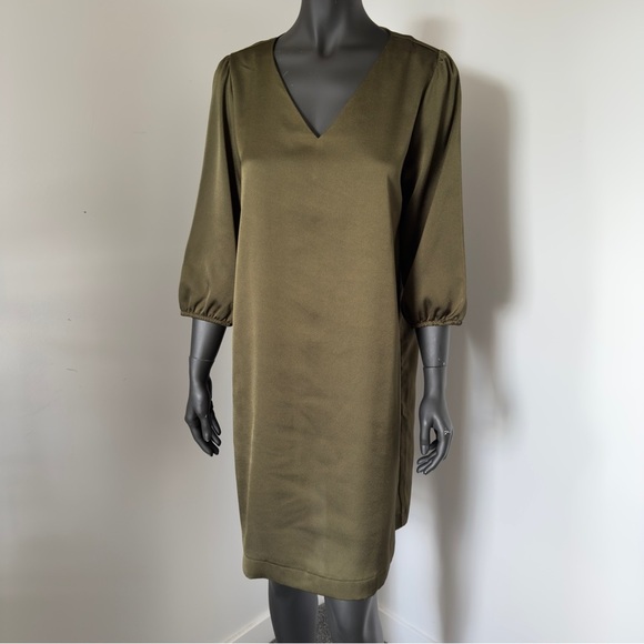 Saint Tropez Olive Green Long Sleeve V-Neck Shift Dress Size L - Picture 1 of 8